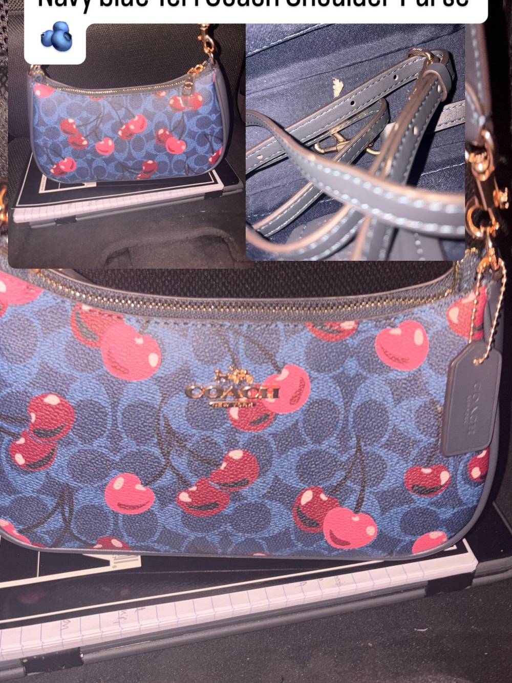 Coach Navy Blue Cherry Print Shoulder Bag with Pink Red Accents